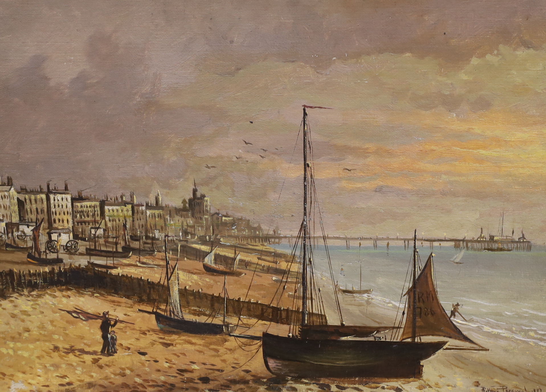 Arthur Percival (19th. C), pair of oils on canvas board, ‘Brighton showing the West Pier, sunset’ and ‘Brighton showing Kemp Town, The Old Chain Pier’, each signed and dated 1887, inscribed verso, unframed, 25 35cm